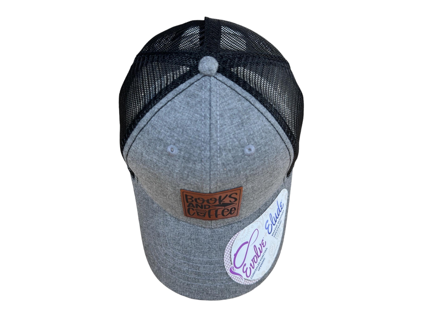 Books and Coffee Hat | Engraved Leatherette Trucker | Women's Bookstore Snapback