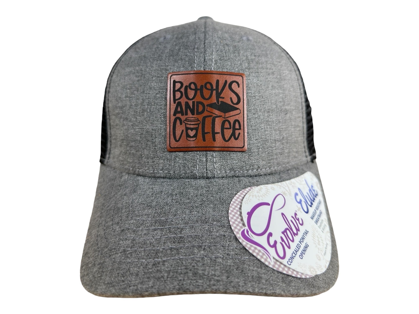 Books and Coffee Hat | Engraved Leatherette Trucker | Women's Bookstore Snapback