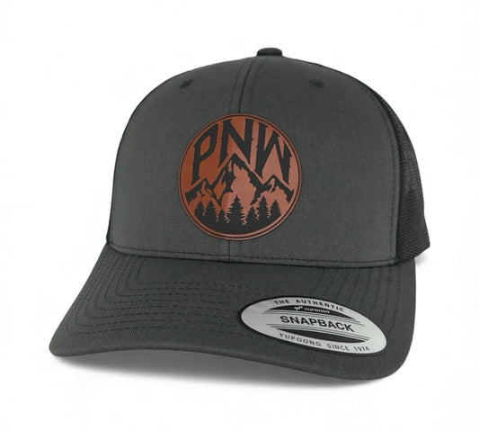 Pacific Northwest Mountain Engraved Leatherette Hat - PNW Mountain Outdoor Snapback