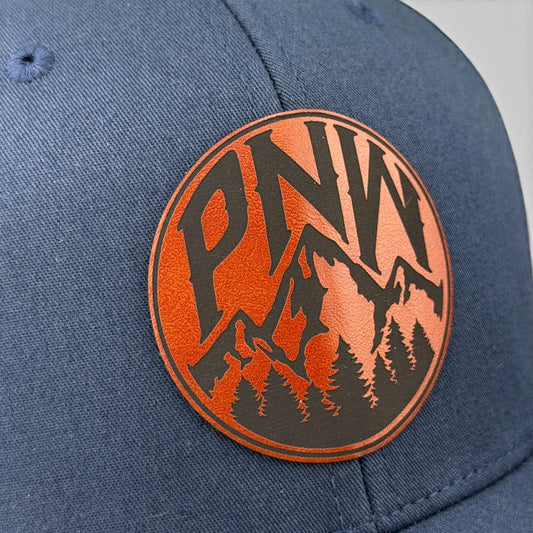 PNW Mountain Trucker Hat, Round Leatherette Patch