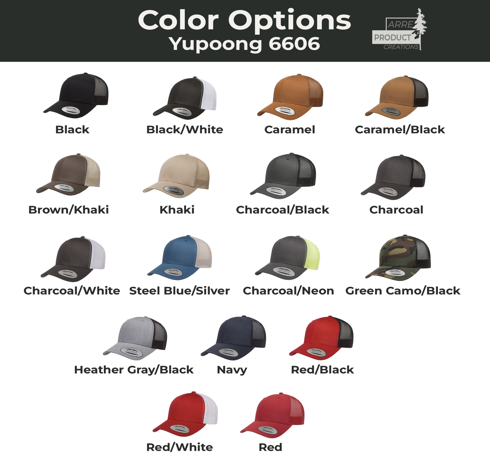 Color options for Yupoong 6606 hats displayed in a grid.