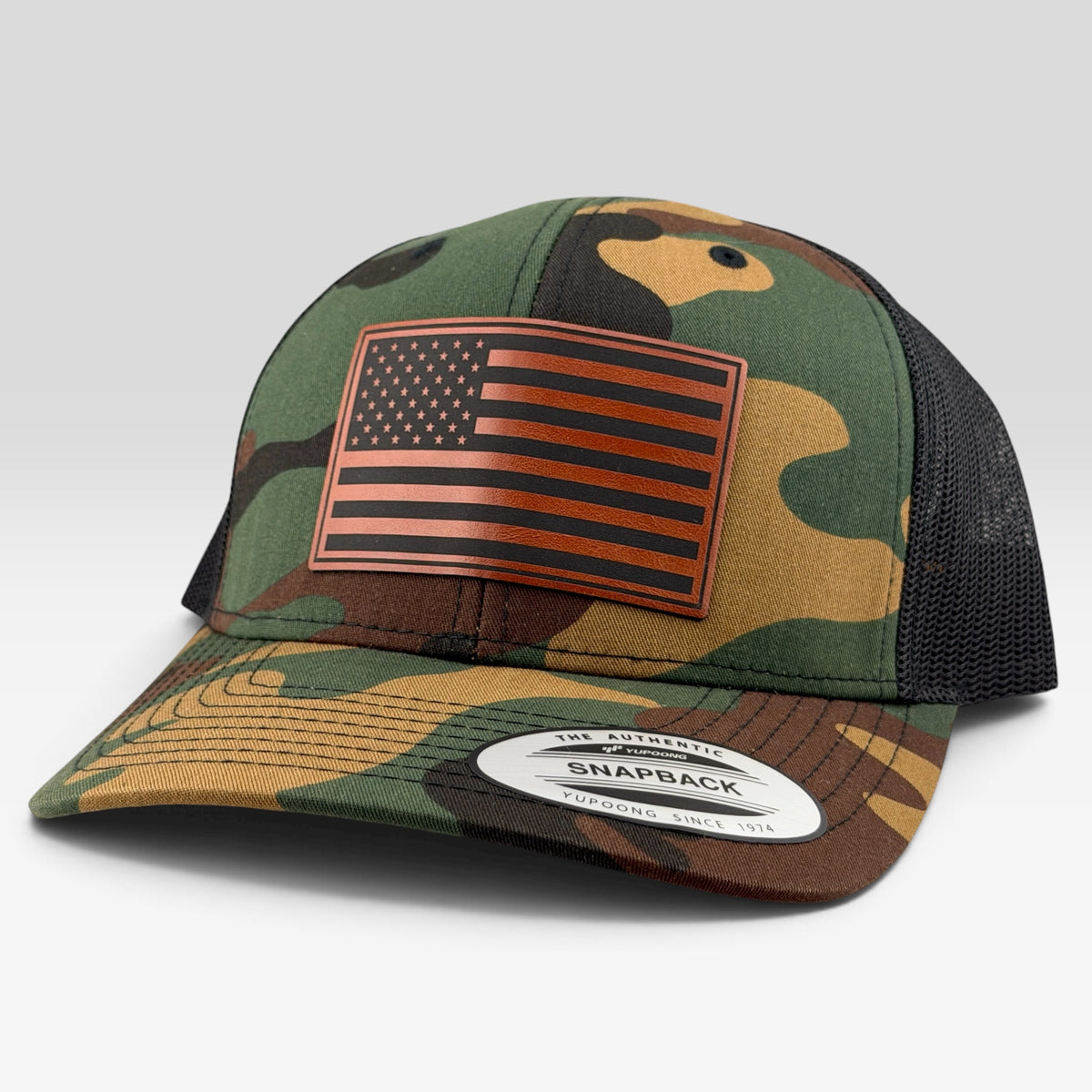 American Flag Camo Trucker Hat, Engraved Leatherette Patch