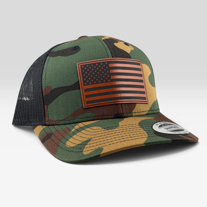American Flag Camo Trucker Hat, Engraved Leatherette Patch