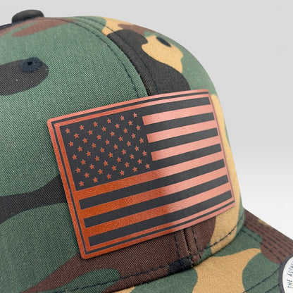 American Flag Camo Trucker Hat, Engraved Leatherette Patch