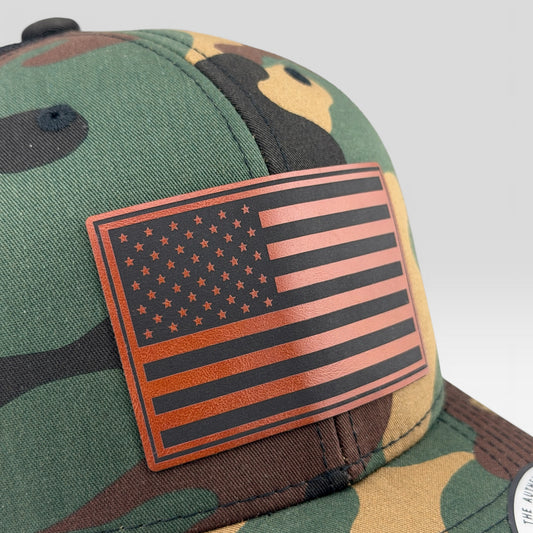 American Flag Camo Trucker Hat, Engraved Leatherette Patch