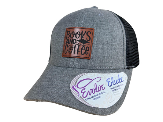 Books and Coffee Hat | Engraved Leatherette Trucker | Women's Bookstore Snapback