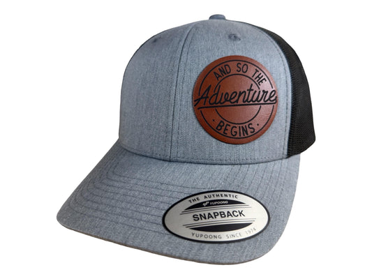 Adventure Begins Hiking Hat | Engraved Leatherette | Men's Outdoor Snapback