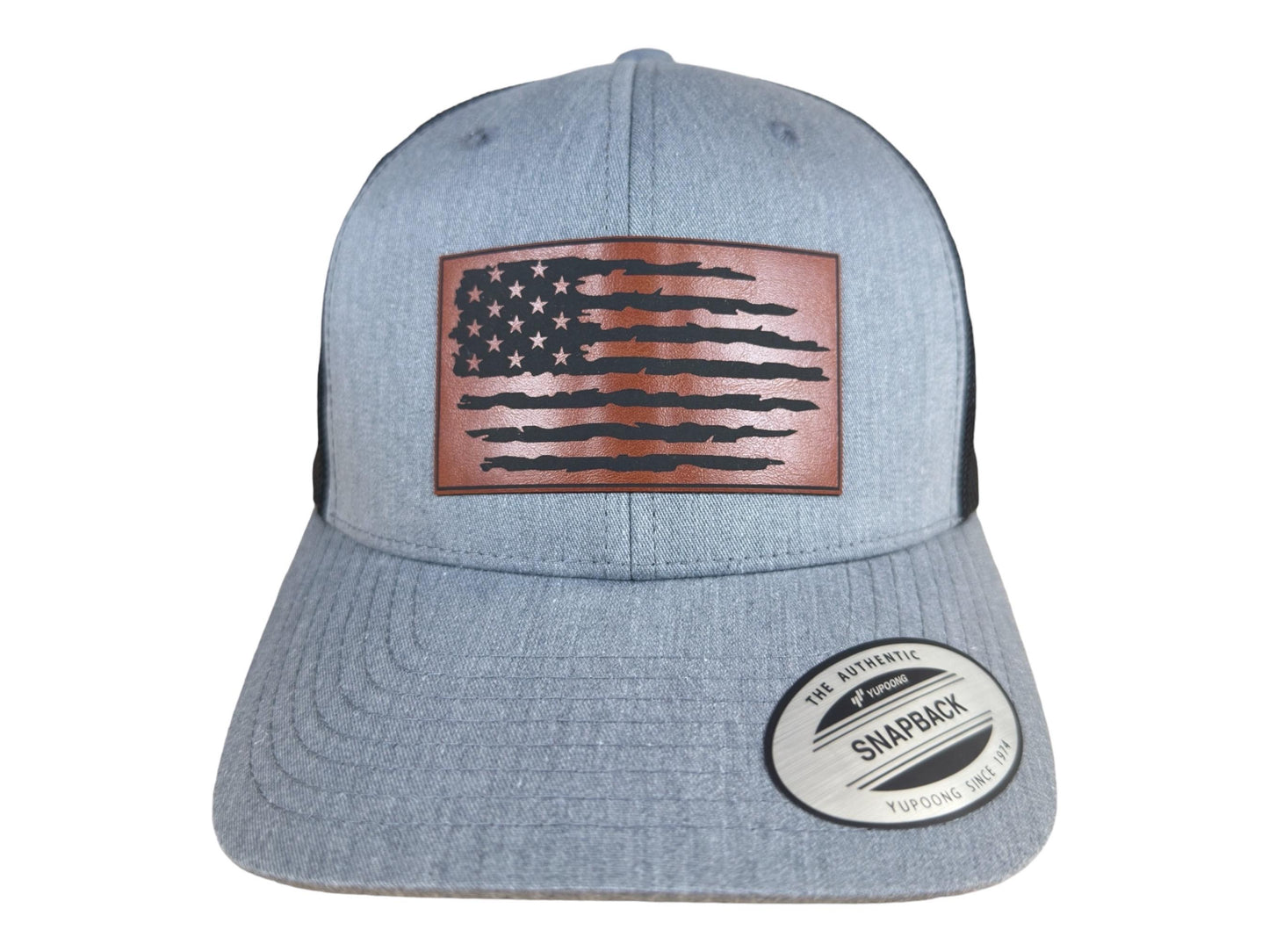 Distressed American Flag Hat | Engraved Leatherette Trucker | Men's Outdoor Snapback